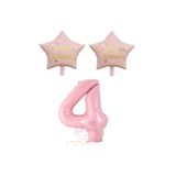 Pembe Renk Rakam ve Happy Bırthday Yazılı Yıldız Folyo Balon Seti Yaş 4