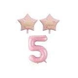 Pembe Renk Rakam ve Happy Bırthday Yazılı Yıldız Folyo Balon Seti Yaş 5