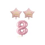 Pembe Renk Rakam ve Happy Bırthday Yazılı Yıldız Folyo Balon Seti Yaş 8