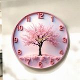 Pembe Renkli Baskı Ağaç Doğa Desenli Sayılı Hediyelik Ahşap Sessiz Duvar Saati 45CM