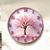 Pembe Renkli Baskı Ağaç Doğa Desenli Sayılı Hediyelik Ahşap Sessiz Duvar Saati 50cm ÇOk Renkli