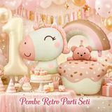 Pembe Retro Unicorn 1 Yaş Doğum Günü Balon Seti – Helyum Uyumlu