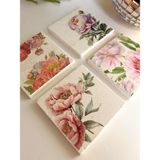Pembe Şakayık Çiçek Desenli Doğal Taş Bardak Altlığı 4’lü Set Sunum - 10 x 10 cm