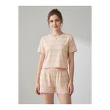 Pembe Sarı Çizgili T-Shirt Şort Örme Pijama Takımı Çok Renkli 38