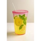 Pembe Şeffaf Cam Pipetli Plastik Bardak 500 Ml - Su Damlacıklı Desen - Kapaklı Soğuk İçecek Bardağı