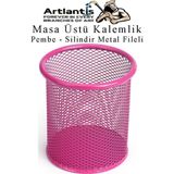 Pembe Silindir Masa Üstü Kalemlik 1 Adet Metal Fileli Renkli Perforeli Yuvarlak Kalemlik Ofis Büro Okul