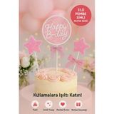 Pembe Simli Happy B-day Pasta Süsü – Fiyonklu ve Yıldız Figürlü 3’lü Cake Topper Seti