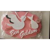 Pembe Simli Strafor Bebek Kapı Süsü - Leylek Figürlü Altta "Ben Geldim" Yazılı Kız Bebek Hastane Odası ve Bebek Odası Duvar Dekoru - 45x30 cm