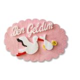 Pembe Simli Strafor Bebek Kapı Süsü - Leylek Figürlü "Ben Geldim" Yazılı Kız Bebek Hastane Odası ve Bebek Odası Duvar Dekoru - 45x30 cm