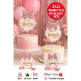 Pembe Taç ve Kelebekli Pasta Süsü 3’lü Set – Işıltılı Happy Birthday Doğum Günü Dekoru PRTPN-1569-4
