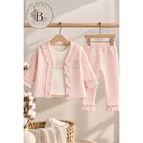 Pembe Tavsan Nakışlı 3 Lü Set Hırka, Uzun Kollu Nakışlı Üst ve Alt Pantolon - 9-12M