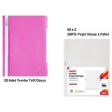 Pembe Telli Dosya Set 2 (10 Adet Pembe Telli Dosya + 100 Adet Poşet Dosya)
