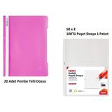 Pembe Telli Dosya Set 3 (20 Adet Pembe Telli Dosya + 100 Adet Poşet Dosya)
