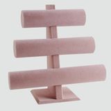 Pembe Üçlü Bileklik ve Saat Sergileme Standı, Süet Kumaş, 30/26 cm - Ahşap - Bej