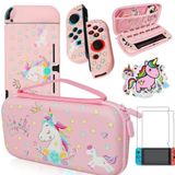 Pembe Unicorn Taşıma Çantası, Nintendo Switch (OLED veya Lite) ile Uyumlu, Yerleştirilebilir Koruyucu Kavrama Kılıfı + Ekran Koruyucu + Unicorn Çıkartmaları, Sert Saklama Kılıfı Aksesuar Seti Kızlar için Paketi