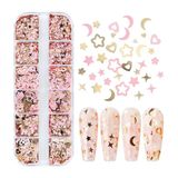 Pembe Ve Gold Tırnak Süsleme Folyo Pulları Karışık Dizayn Ay Yıldız Kalp Nail Art
