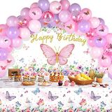 Pembe ve Mor Kelebek Parti Dekorasyonları Pembe Mor Balon Kemer Kiti Kelebek Mutlu Yıllar Fotoğrafı Arka Plan Afiş Masa Örtüsü Kızlar Kadınlar için Doğum Günü Partisi Malzemeleri Dekor içerir