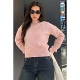 Pembe Yarım Balıkçı Yaka Örgülü Triko Kadın Kazak MG2257