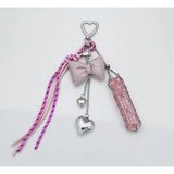 Pembe Yay ve Kalp Charm Anahtarlık, Kristal Taşlı, Püsküllü | Kalp Klipsli Kanca, Deri Yay Süsü, Zincirli Sarkıt, Çanta Aksesuarı, Gümüş Metal Detay