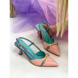 Pembe Yeşil Deri (Moss) Toka Detay Kadın Stiletto - Pembe - Yeşil