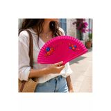 Pembe Zeminli Katlanabilir El Yelpazesi Mavi Kırmızı Çiçek Desenli Ahşap Saplı Dekoratif El Yelpazesi 40X22 cm Geleneksel Tasarım