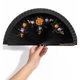 Pembe Zeminli Katlanabilir El Yelpazesi Sarı Mavi Çiçek Desenli Ahşap Saplı Dekoratif El Yelpazesi 40X22 Cm Geleneksel Tasarım (Koyu Pembe Zeminli Mavi-Kırmızı Çiçekli, 40X22 Cm)