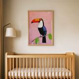 Pembe Zeminli Tukan Çocuk Odası Duvar Posteri Çerçeveli Tablo Duvar Dekorasyonu - 30 x 40 - Ahşap Çerçeveli