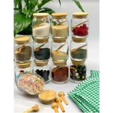 Pembeli 12'li Bambu Kapaklı Vakumlu Cam 300 ml Baharatlık ve 12 Adet Mini Baharat Kaşığoı