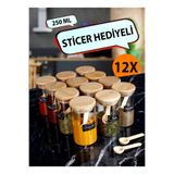 Pembelia Life 12'li Etiketli Kaşıklı Bambu Kapaklı 250 Ml Kavanoz Baharatlık Ve 12 Adet Mini Baharat Kaşığı 24 Parça Baharat Seti