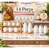 Pembelia Life 14 Parça Porselen Bambu Standlı 2li Papatya Yağdanlık,3’lü Kavanoz,7li Standlı Baharatlık Takım Saklama Kabı Çeyizlik Set