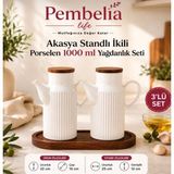Pembelia Life 2 Adet 1 lt Porselen Yağdanlık Ve Akasya Altlık Seti Yağlık Sirkelik Herbiri 1000ml Akasya Kapak Prizma Model