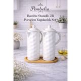 Pembelia Life 2 Adet 1lt Porselen Yağdanlık Ve Bambu Stand Altlık 3’lü Yağlık Ayçiçekyağı Zeytinyağı Sürahi