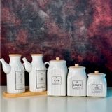 PEMBELİA LİFE 2’li 6 Parça Standlı Çizgili Porselen 1000ML Yağdanlık ve 3’lu Çay Şeker Türk Kahve Kavanoz - Beyaz - 1 lt