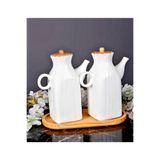 Pembelia Life 2'li Ahşap Standlı Kare Porselen 1000ml Yağlık&sirkelik 3'lu Yağdanlık Set
