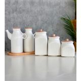 PEMBELİA LİFE 2’li Set 6 Parça Bambu Standlı Çizgili Porselen 1000ML Yağdanlık ve 3’lu Kavanoz Saklama Seti