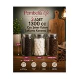 Pembelia Life 3 Adet 1300cc Metal Vakum Kapaklı Cam Çay Şeker Kahve Saklama Kavanoz Seti