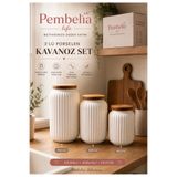 Pembelia Life 3’lü Akasya Kapaklı Porselen Kavanoz Seti Çay Şeker Tuz Kahve Kavanoz Seti 1100ml 800ml 400ml Set