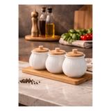 Pembelia Life 3’lü Bambu Standlı Porselen Baharatlık Set Baharat Saklama Kavanoz Takımı