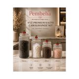 Pembelia Life 4’lü Kiraz Detaylı Cam Lüks Çay Şeker Kahve Tuz Saklama Kavanoz Seti Bakliyat Baharatlık Saklama Seti