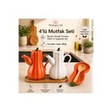 Pembelia Life 4’lü Mutfak Düzen Seti Bambu Standlı 2’li Porselen Bal Kabak Model 1000 ml Yağdanlık Yağlık Set Porselen Kaşık Altlığı
