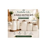 Pembelia Life 6 Parça Akasya Altlıklı 2’li Porselen Yağdanlık Set Ve Akasya Kapaklı 3’lü Porselen Çay Şeker Tuz Kahve Kavanoz Set