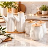 Pembelia Life 6 Parça Bambu Standlı 2’li Porselen Yağdanlık Set 3’lü Porselen Kavanoz Set Çeyizlik Yağlık Kavanoz Saklama Kabı Takımı