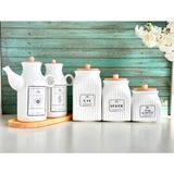 PEMBELİA LİFE 6 Parça Bambu Standlı Porselen 1000ML Yağdanlık ve 3'lu Çay Şeker Türk Kahve Kavanoz Seti Yağlık Set