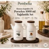 Pembelia Life Akasya Standlı 2’li Porselen 1000 ml Yağdanlık Seti Yağlık Sirkelik Takım