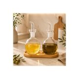 Pembelia Life Bambu Standlı 2’li 850 ml Berosilikat Cam Damlatmaz Yağdanlık Seti Ayçiçek Yağı Zeytinyağ Şişesi 3 Parça Yağlık Set