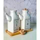 PEMBELİA LİFE Bambu Standlı 2'li Etiketli Kare Porselen 1000ML Yağdanlık Set Takım - Beyaz - 1 lt