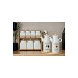 Pembelia Life Bambu Standlı 2’li Porselen Yağdanlık Ve 7’li Standlı Baharatlık Seti Baharatlık Takımı