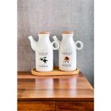 PEMBELİA LİFE Bambu Standlı Etiketli Çizgili 2’li Porselen 1000 ml Yağdanlık Seti Yağlık Takımı - Beyaz - 1 lt