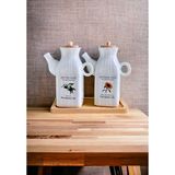 PEMBELİA LİFE Bambu Standlı Etiketli Kare 2’li Porselen 1000 ml Yağdanlık Seti Yağlık Takımı - Beyaz - 1 lt