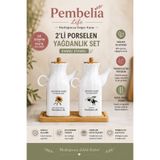 Pembelia Life Etiketli Bambu Standlı 2'li Kare Porselen 1000ml Yağlık Sirkelik(3'lu Yağdanlık Set Takım)